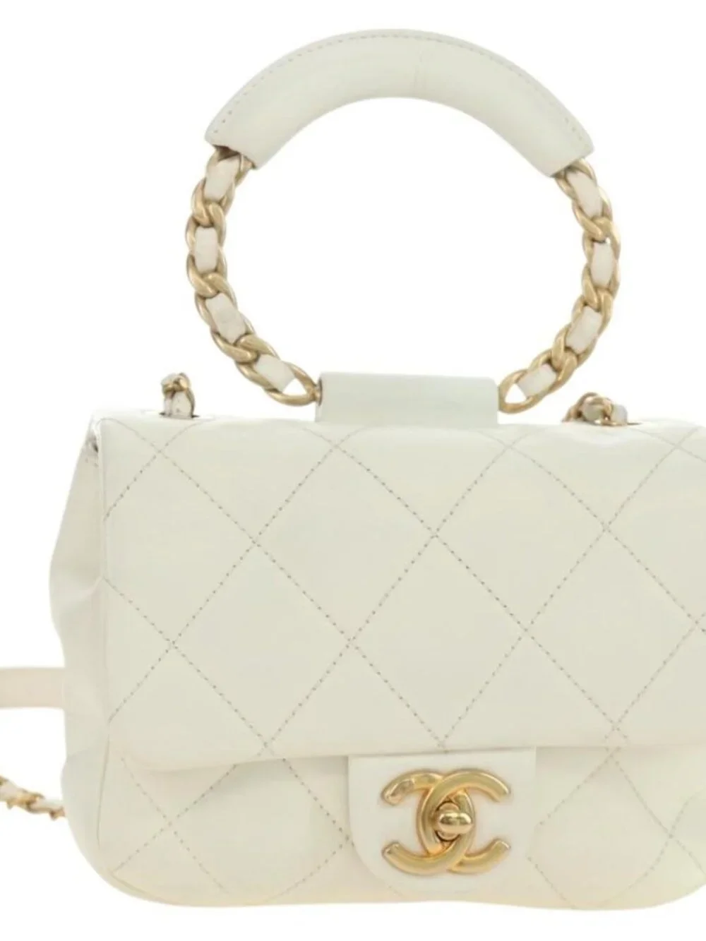 CHANEL Matelasse Top Handle Chain Bag Leather 2way White Gold CC Auth 188866SAM